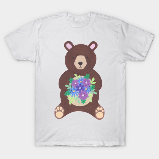 Cute bear holding bouquet of flowers T-Shirt by NashTheArtist